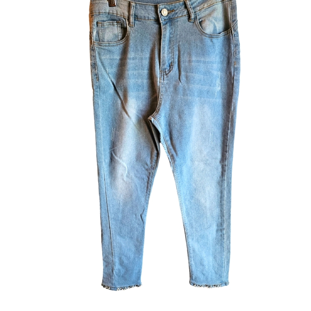 Distressed Skinny Jeans with Faux Pearl's and Rhinestones